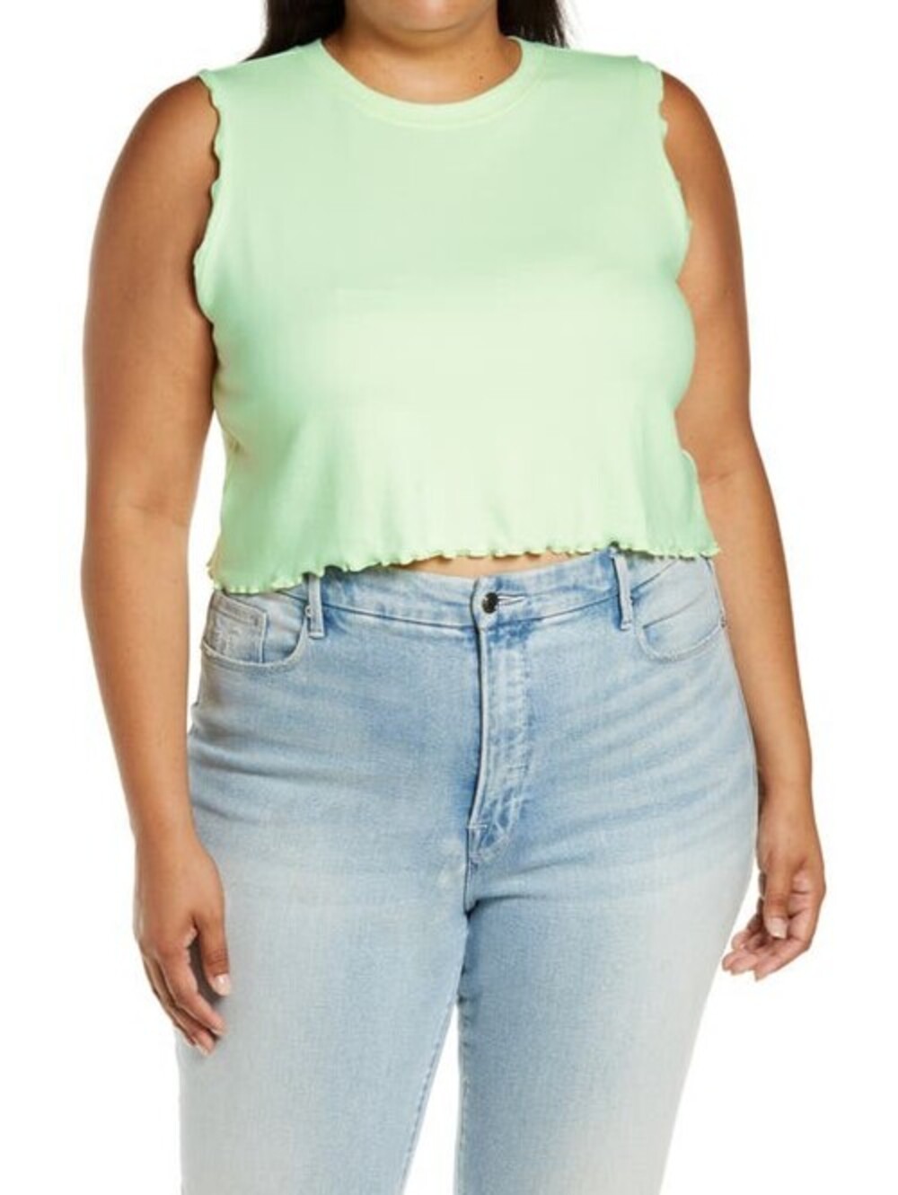 BP. Lettuce Edge Organic Cotton Blend Tank in Green Limecream Size 1X
